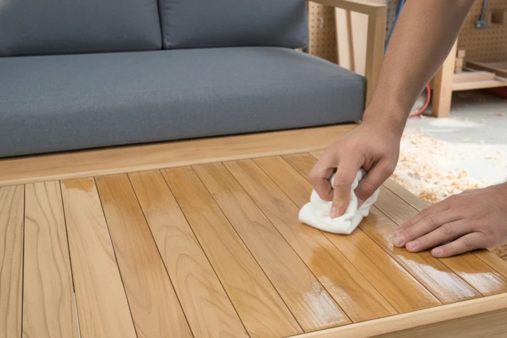 Lau chùi bề mặt bàn gỗ ngoài trời bằng khăn mềm để bảo quản gỗ teak đúng cách.