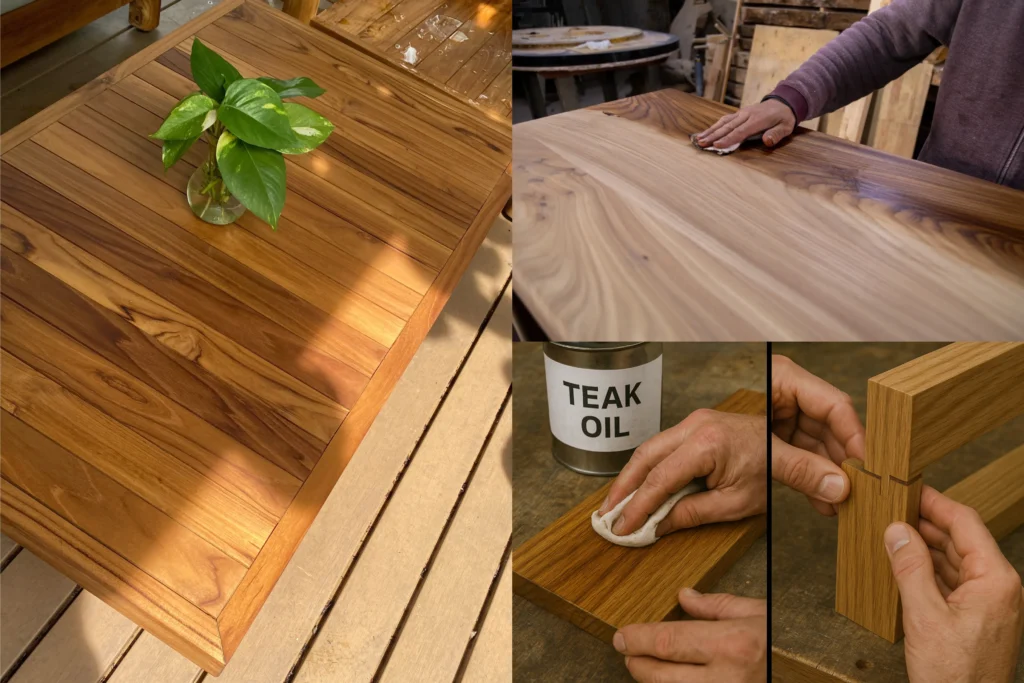 Bảo dưỡng gỗ teak bằng dầu teak định kỳ.