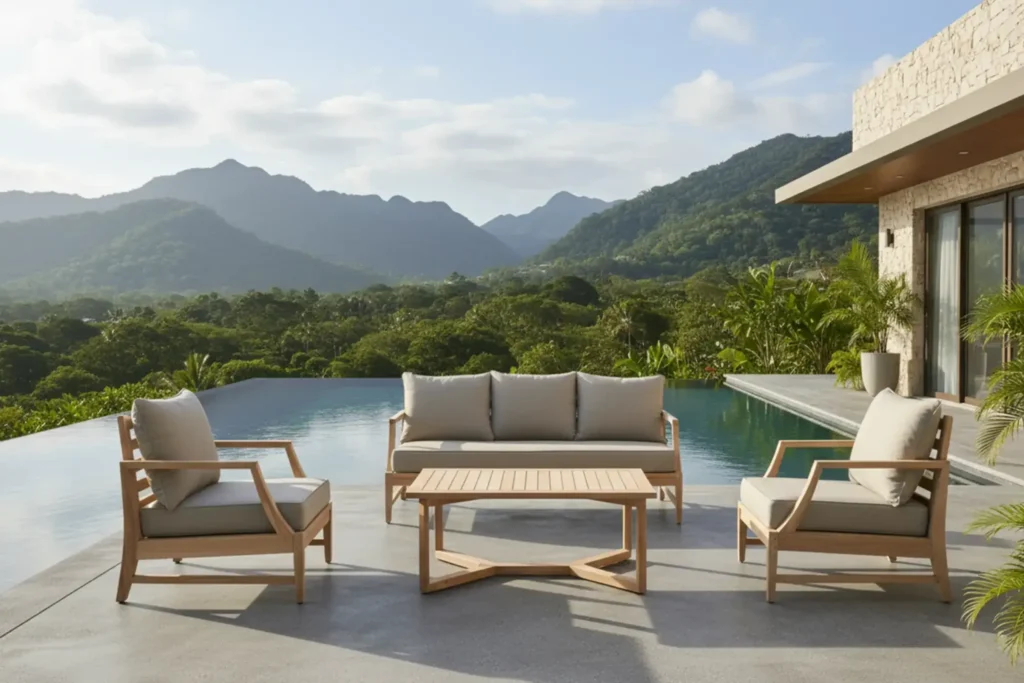 Bộ bàn ghế gỗ đặt trong không gian sống hiện đại.