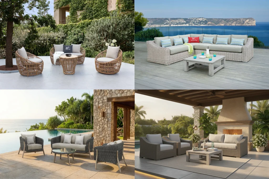 Sofa mây nhựa ngoài trời cho không gian sân vườn và hồ bơi.