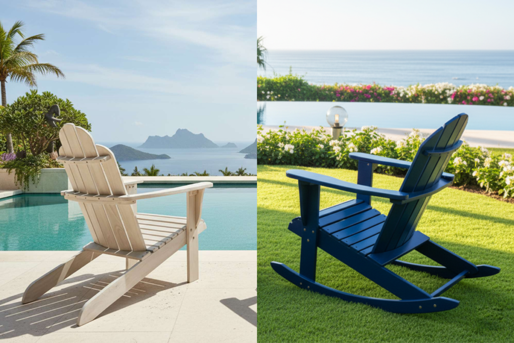 Ghế Adirondack gỗ teak ngoài trời với tựa lưng nghiêng và tay vịn rộng đặc trưng
