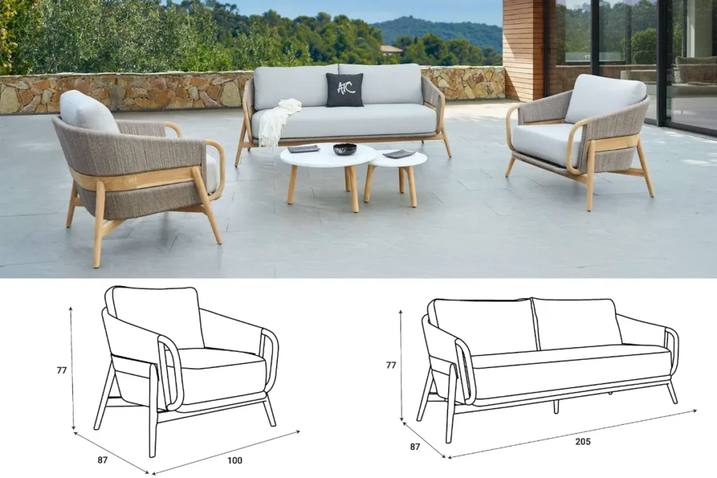 Bộ sofa đôi ngoài trời với ghế đơn và bàn trà kèm bản vẽ kích thước tiêu chuẩn
