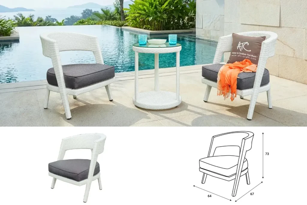 Ghế cafe ngoài trời thiết kế nhỏ gọn đặt cạnh bàn tròn với bản vẽ kích thước ghế
