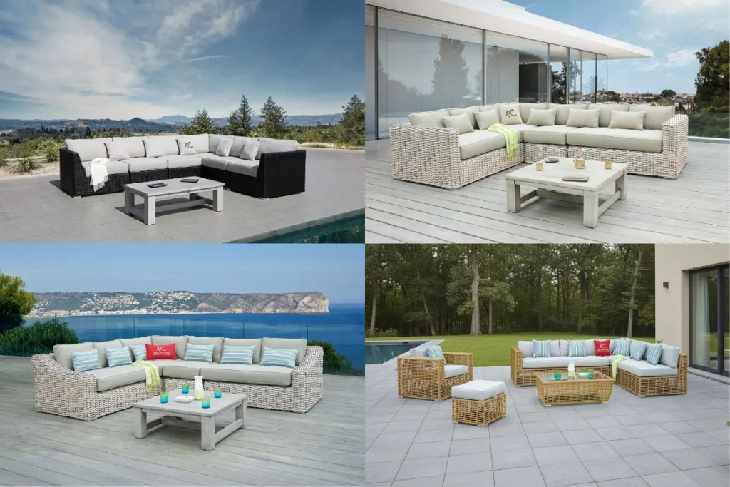 Các mẫu sofa góc chữ L ngoài trời với thiết kế rộng rãi phù hợp cho không gian sân vườn
