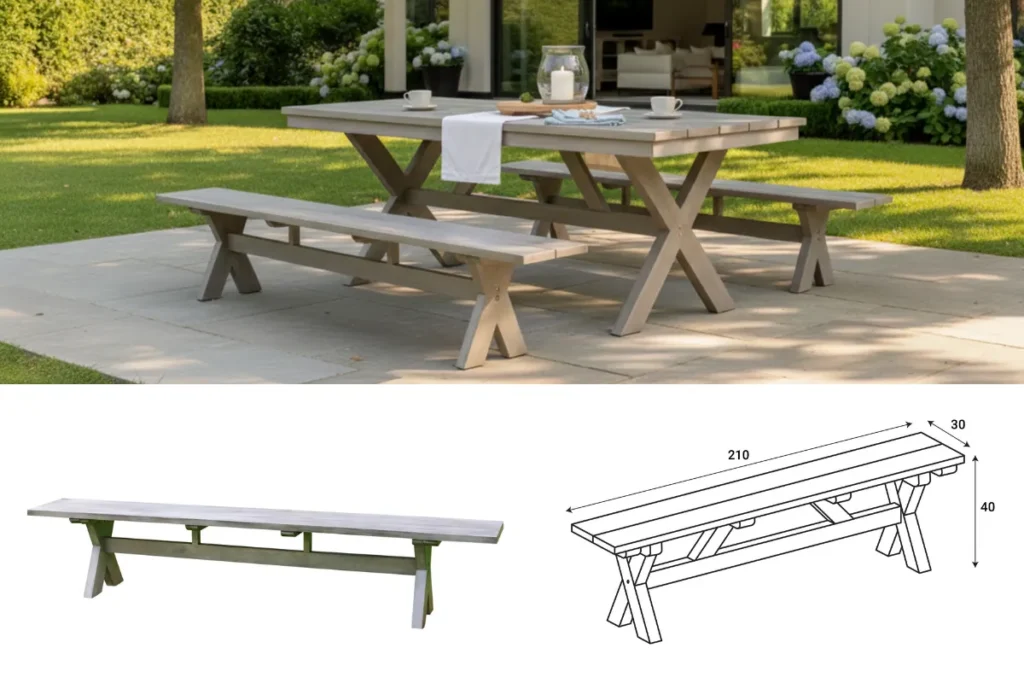 Ghế băng dài ngoài trời đặt cạnh bàn ăn sân vườn với bản vẽ kích thước chi tiết
