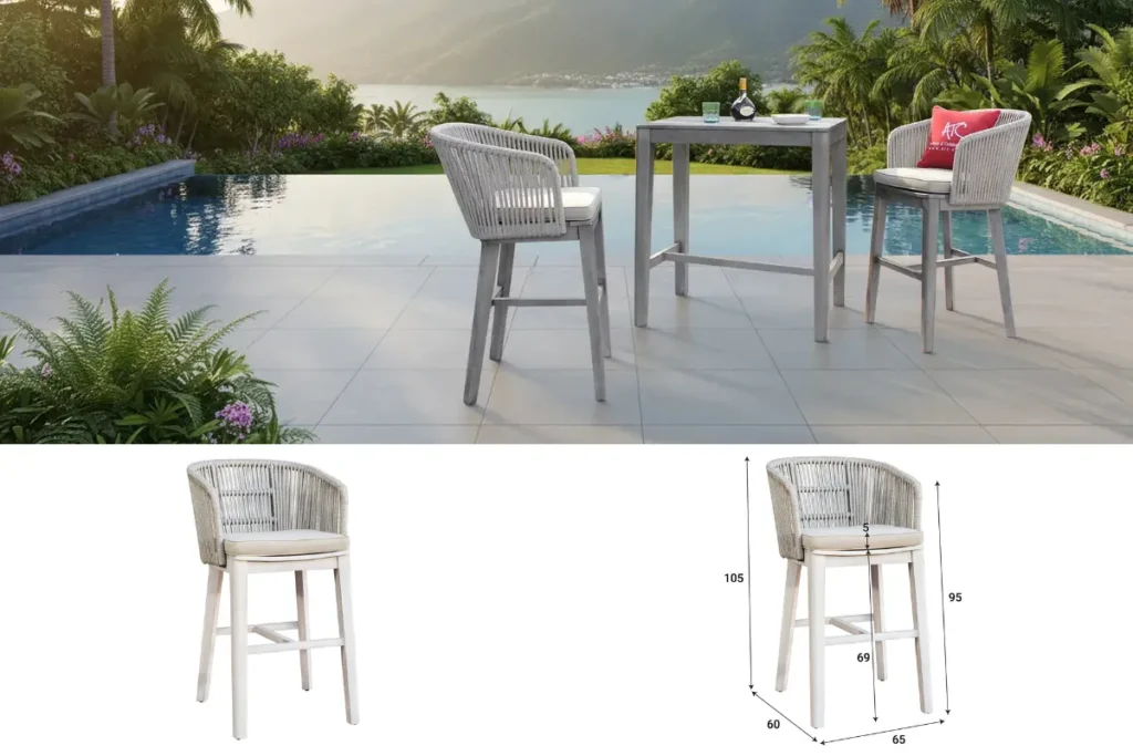 Ghế bar ngoài trời đặt cạnh quầy cao với bản vẽ kích thước chiều cao ghế tiêu chuẩn

