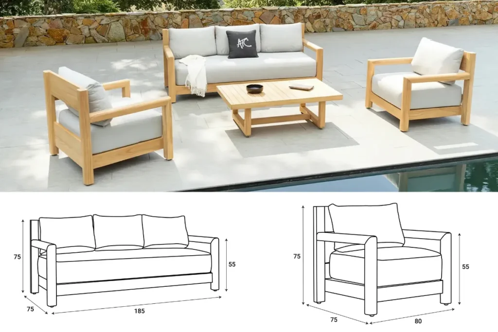 Bộ sofa đôi ngoài trời với ghế đơn và bàn trà kèm bản vẽ kích thước tiêu chuẩn
