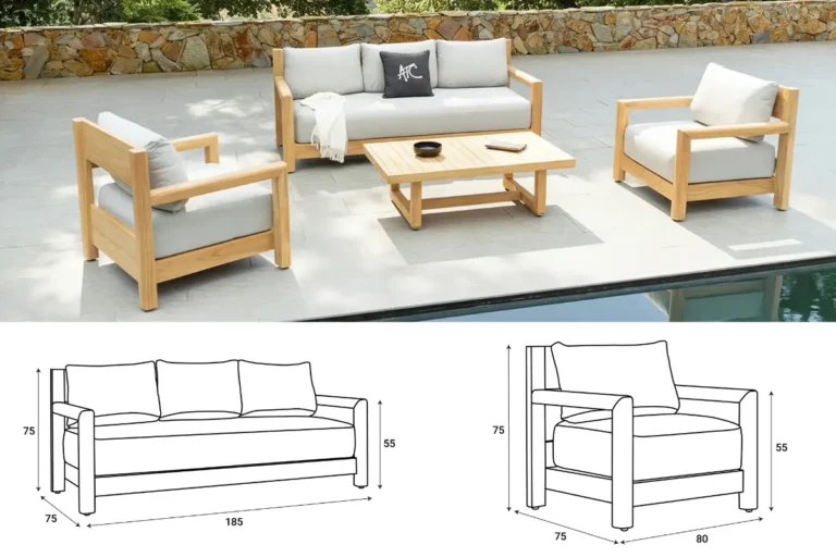 Bộ sofa đôi ngoài trời với ghế đơn và bàn trà kèm bản vẽ kích thước tiêu chuẩn