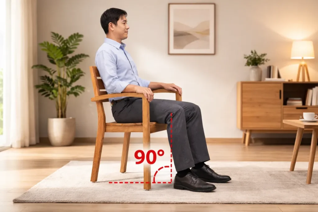 Tư thế ngồi đúng chuẩn với góc gối 90 độ giúp giữ thẳng lưng và hỗ trợ cột sống