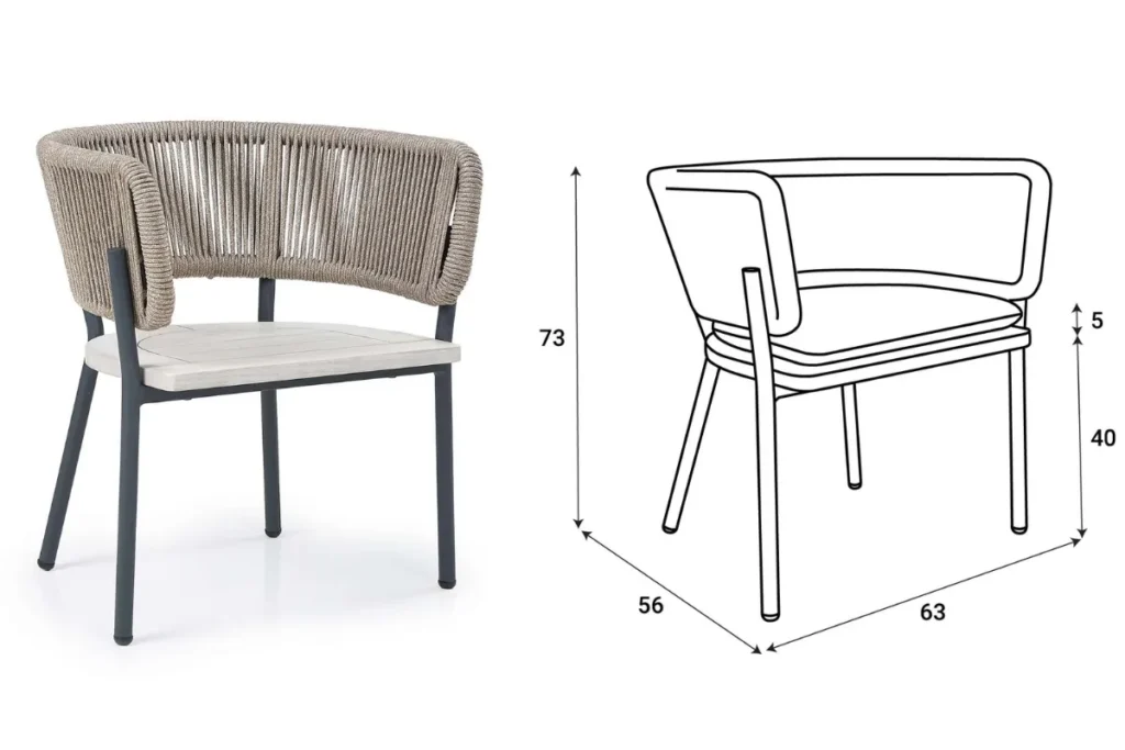 Ghế ngồi với kích thước tiêu chuẩn minh họa chiều cao lưng ghế, chiều sâu và chiều rộng ghế
