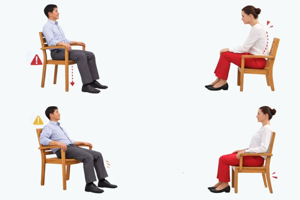 Minh họa các tư thế ngồi khi ghế quá sâu hoặc quá nông so với kích thước cơ thể
