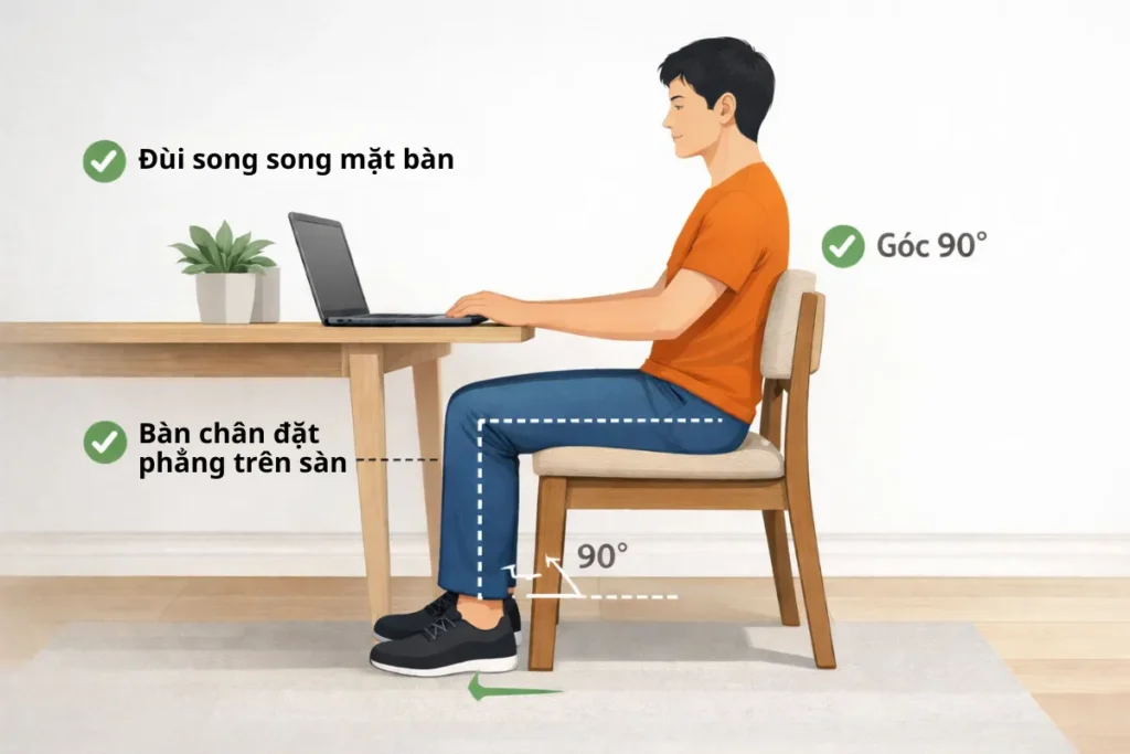 Minh họa tư thế ngồi đúng với góc chân 90 độ, đùi song song mặt bàn và bàn chân đặt phẳng trên sàn
