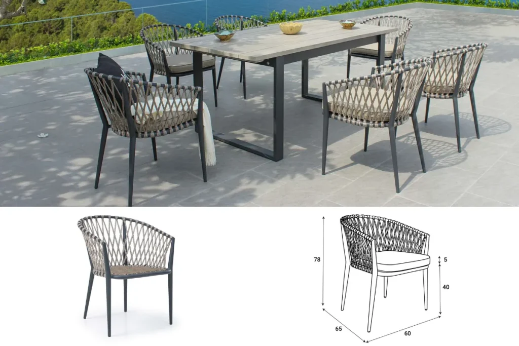 Bộ bàn ăn ngoài trời với ghế ăn đan dây kèm bản vẽ kích thước tiêu chuẩn của ghế
