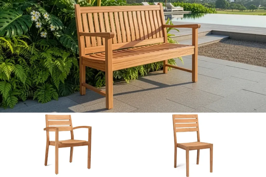 Ghế gỗ truyền thống với thiết kế đơn giản đặt trong không gian sân vườn
