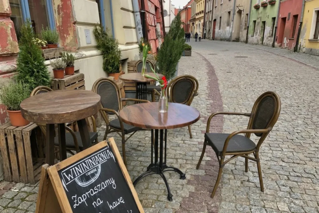 Bộ bàn ghế cafe ngoài trời phong cách châu Âu với mặt bàn gỗ tròn và chân sắt uốn đặt trên phố đi bộ lát đá. 