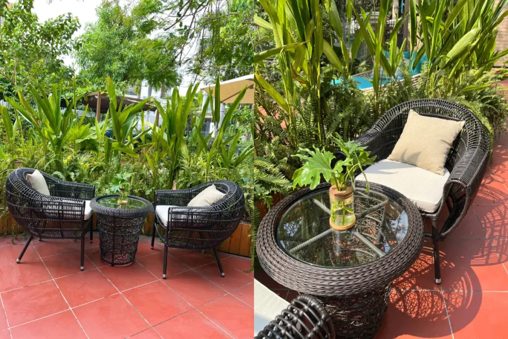 Khung nhôm kết hợp với mây nhựa tạo nên kết cấu bền chắc cho bàn coffee bằng mây nhựa 