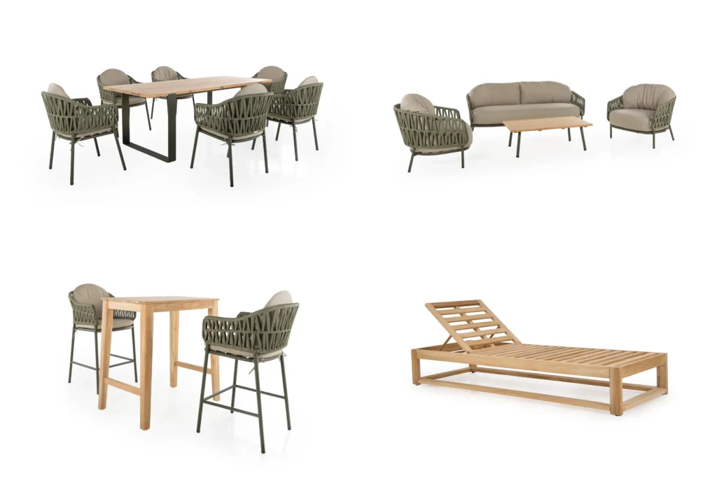 Bộ sưu tập sản phẩm ngoài trời của ATC Furniture gồm bàn ghế ăn, sofa, ghế bar và giường tắm nắng gỗ teak cho không gian mở