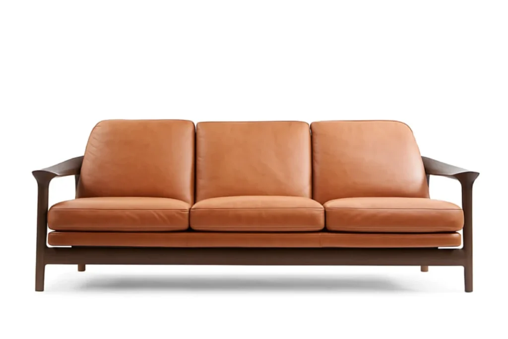 Sofa Nhà Xinh màu da bò với khung gỗ tối màu và thiết kế ba chỗ ngồi theo phong cách hiện đại