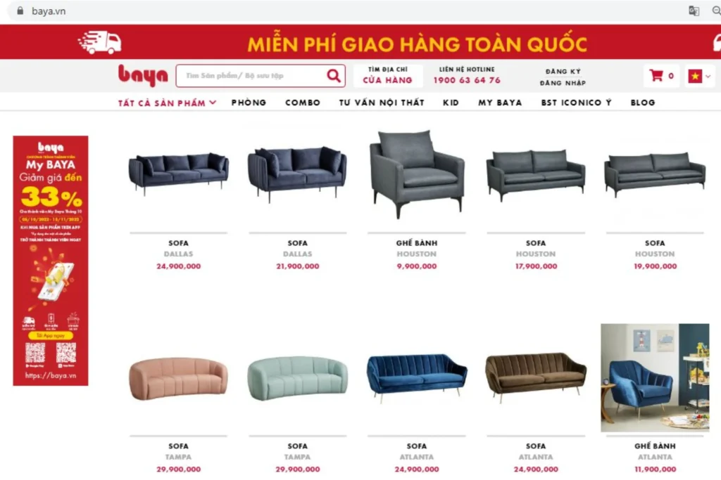 Trang sản phẩm BAYA hiển thị nhiều mẫu sofa hiện đại với kiểu dáng, màu sắc và mức giá khác nhau