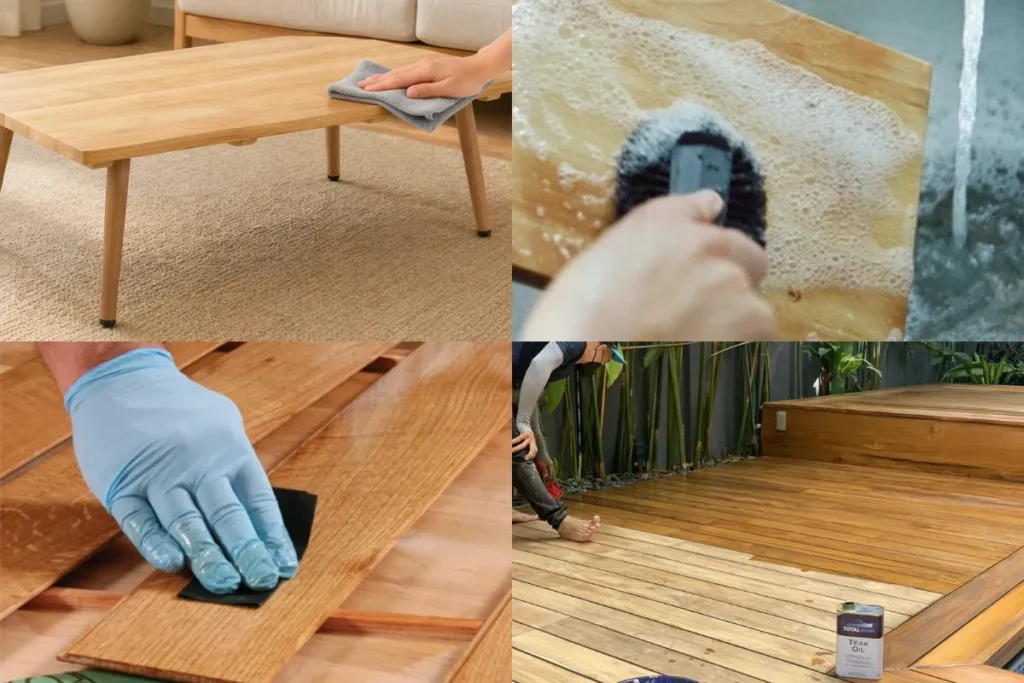 Các bước bảo dưỡng gỗ teak gồm lau bụi làm sạch chà nhám và bôi dầu định kỳ