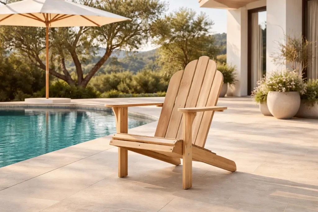 Ghế Adirondack ADI với thiết kế gỗ teak trong không gian sân vườn thư giãn