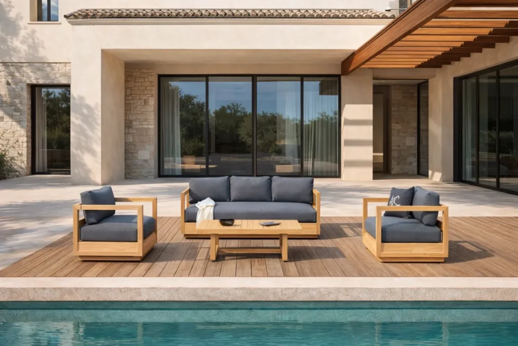 Sofa ngoài trời MAJORCA bằng gỗ teak với đệm chống thấm trong không gian sân vườn
