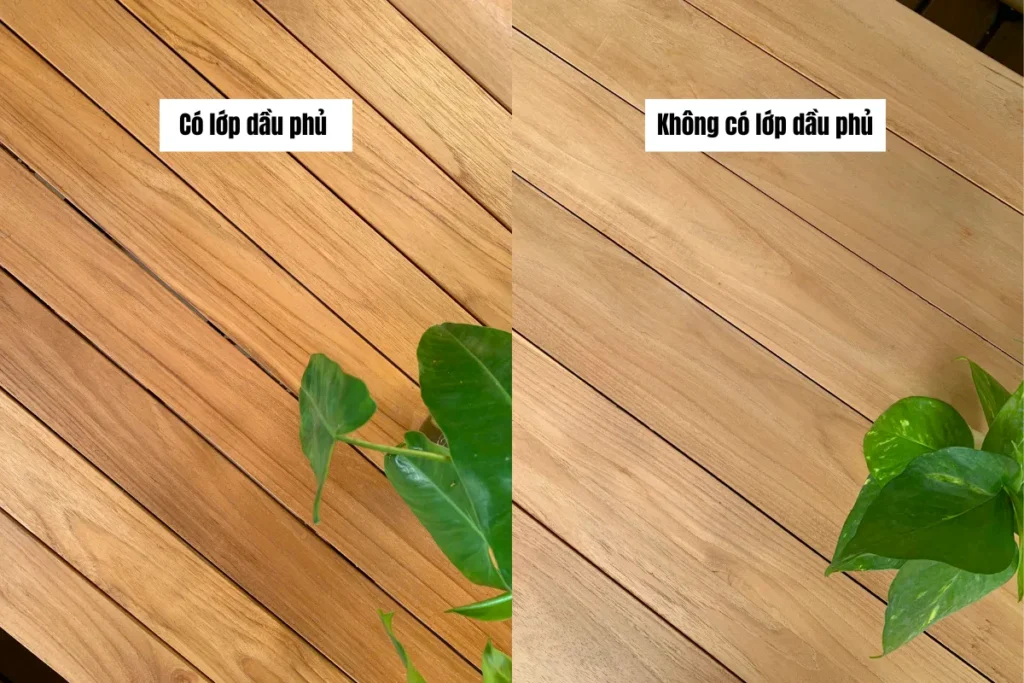 So sánh bề mặt gỗ teak có phủ dầu và không phủ dầu sau khi sử dụng ngoài trời
