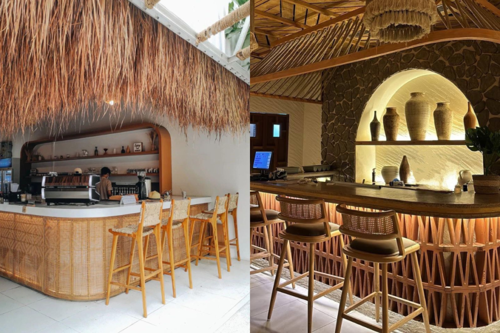 Mẫu quầy bar cafe trong nhà phong cách mộc mạc với ghế cao, trang trí trần bằng rơm và ánh sáng vàng ấm. 