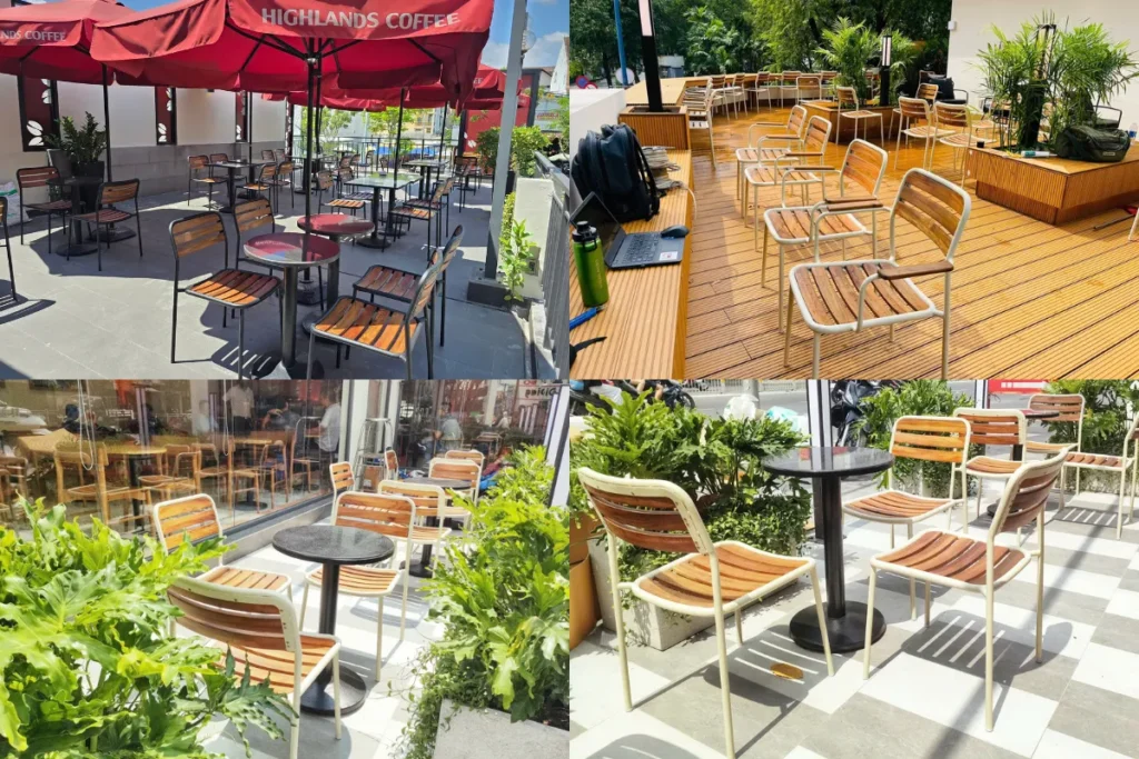 Mẫu quán cà phê sân vườn nhỏ với bàn ghế gọn nhẹ, dù che và cây xanh trang trí